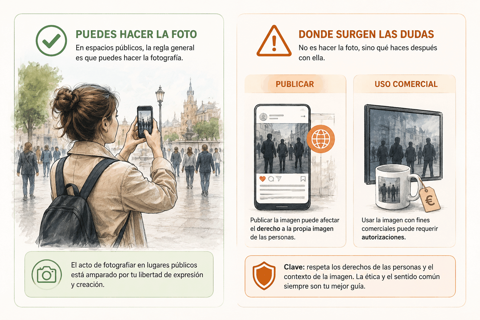 Ilustración explicativa que muestra que fotografiar en espacios públicos suele estar permitido, mientras que publicar o utilizar comercialmente la imagen puede requerir respetar el derecho a la propia imagen y obtener autorizaciones.